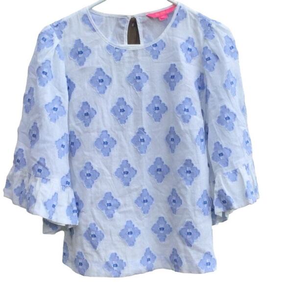 Lilly Pulitzer Womens Top XS Blue White Embroidered Jacquard Preppy Beach Resort - Picture 2 of 9